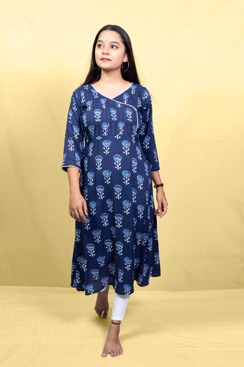 Blue cotton angarkha pattern kurta with pintuks