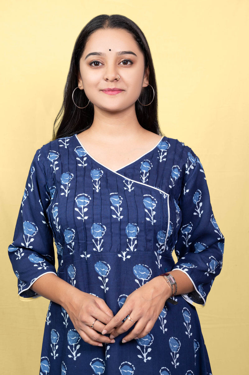 Blue cotton angarkha pattern kurta with pintuks