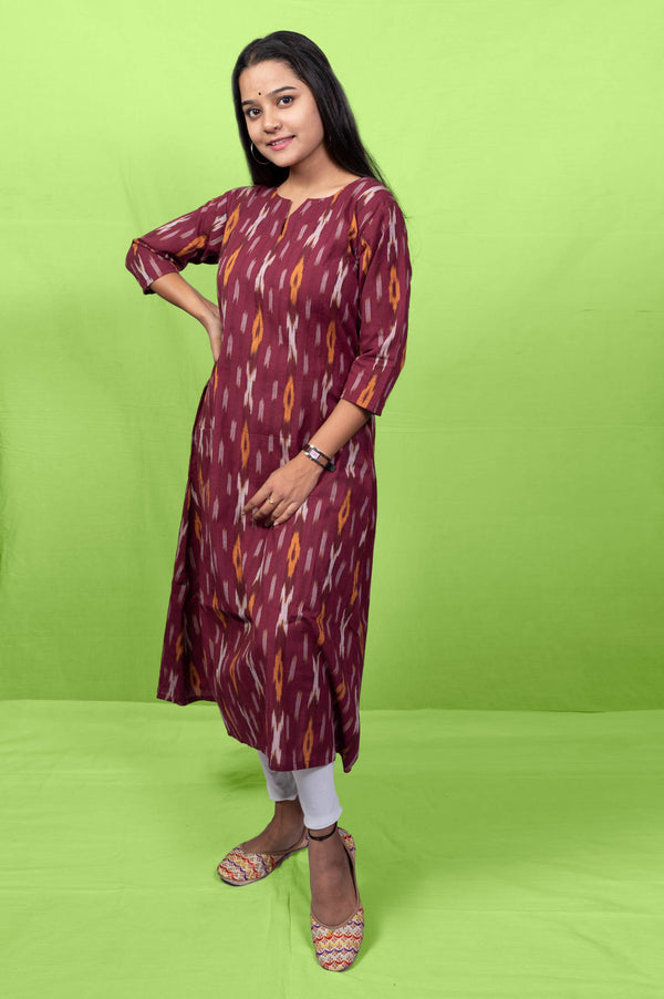 Wine colour ikat cotton kurta