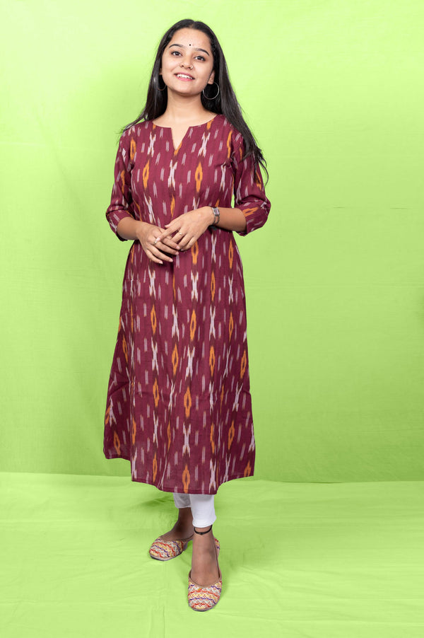 Wine colour ikat cotton kurta